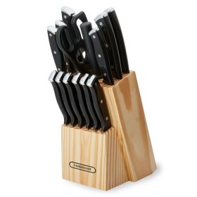 Farberware 15-Piece Triple Rivet Kitchen Knife Block Set with Natural Wood Block and Black Handles